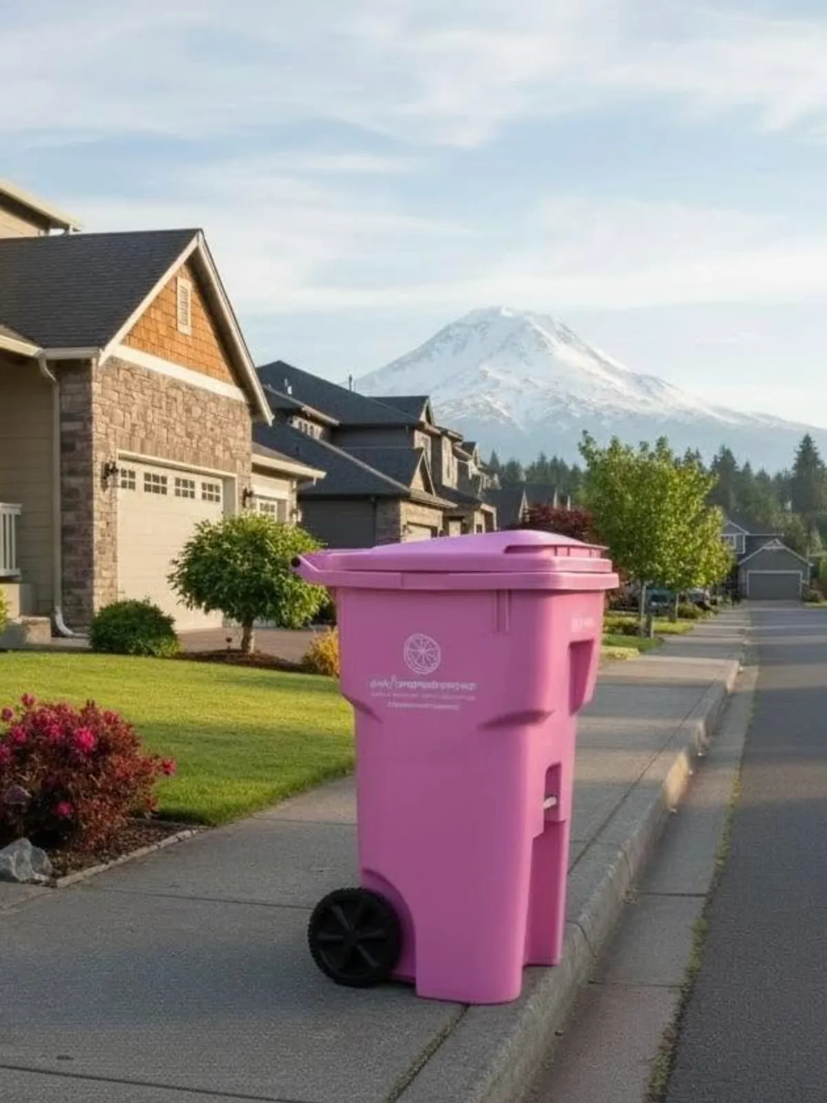 A pink recycling cart standing at the end of a driveway